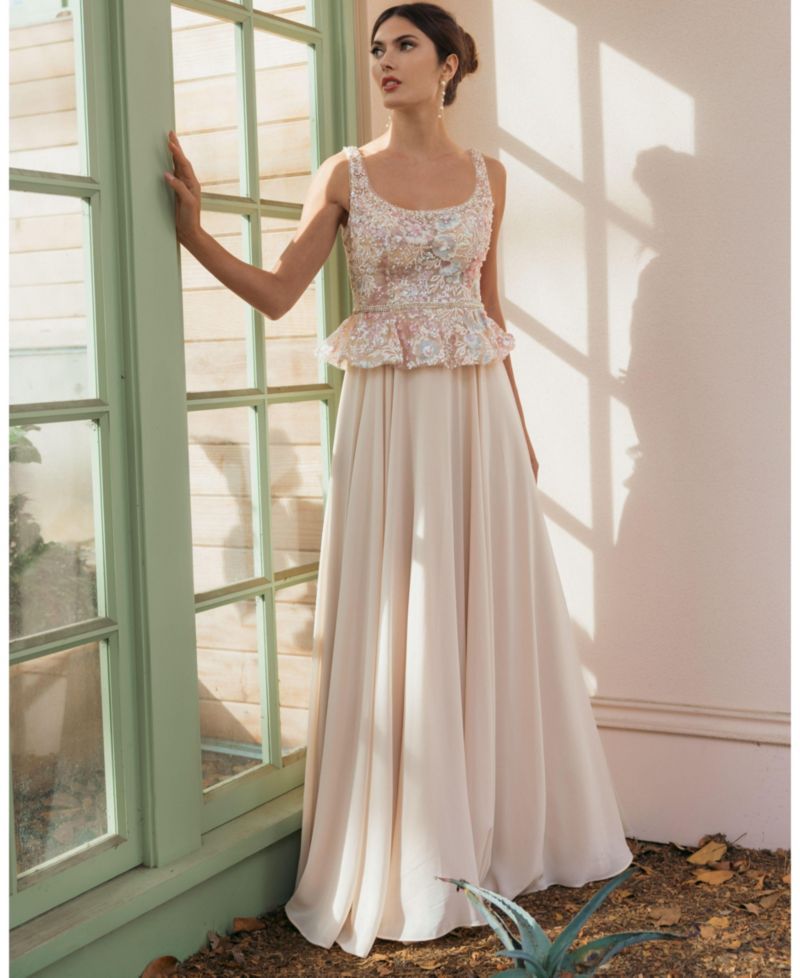 Petite Embroidered Peplum Top With Chiffon Skirt Gown
