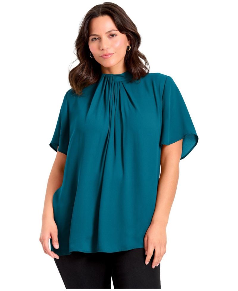 Women's Plus Size Twist Front Mockneck Flutter Sleeve Blouse