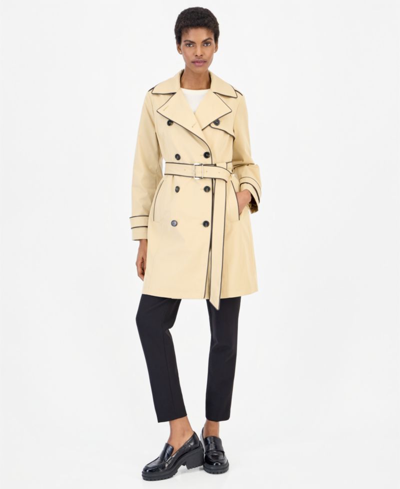 Women's Faux Leather-Trim Button-Front Trench Coat
