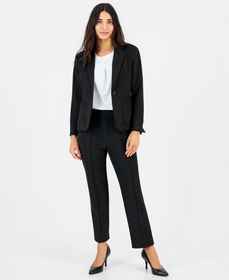 Petite Faux Suede One Button Patch-Pocket Jacket
