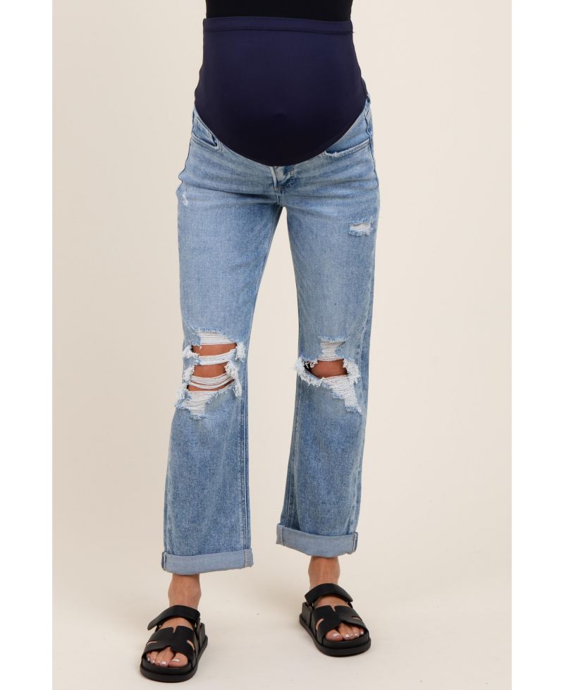 Women's Light Blue Ripped Knee Rolled Cuff Straight Leg Jeans