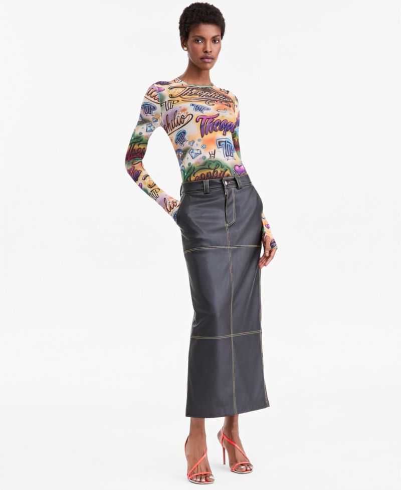Women's High-Slit Faux-Leather Maxi Skirt