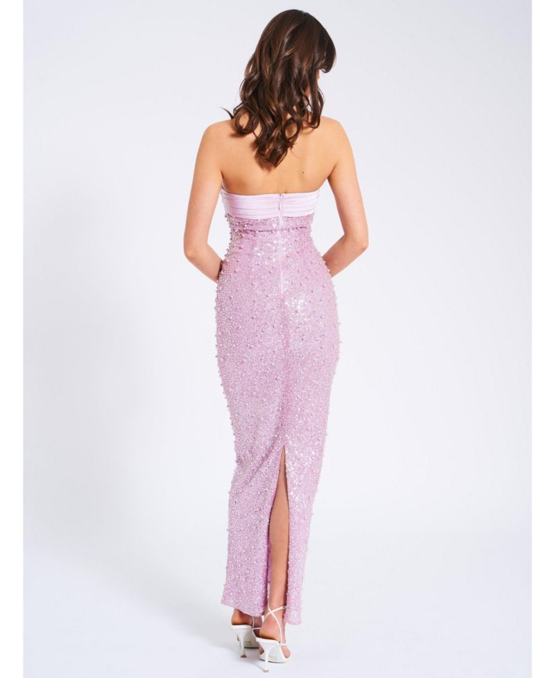 Women's Lainey Purple Satin Sequin Pearls Beaded Maxi Dress