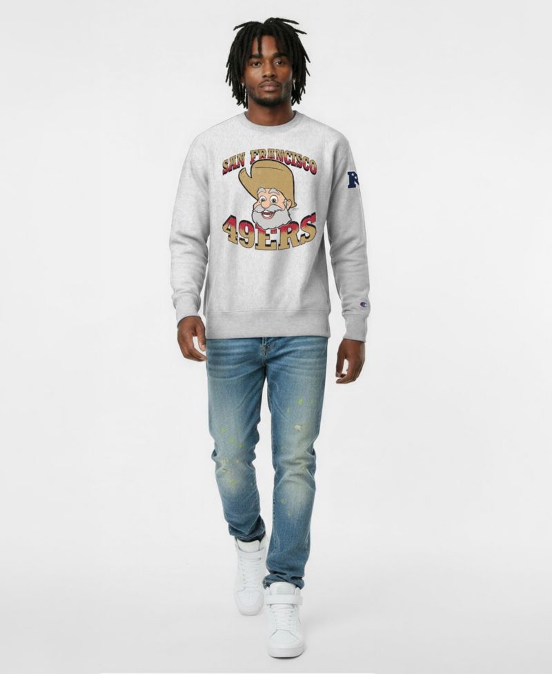 Men's Silver San Francisco 49ers Disney X Champion Reverse Weave Fleece Crewneck Sweatshirt