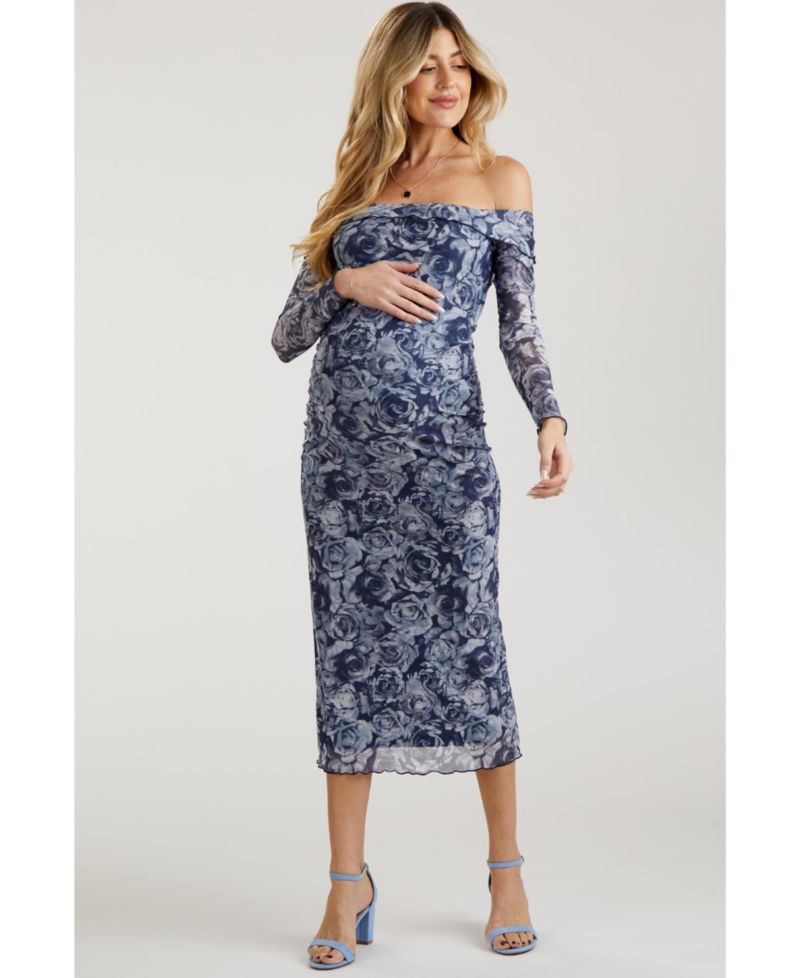 Women's Floral Off Shoulder Mesh Knit Midi Dress