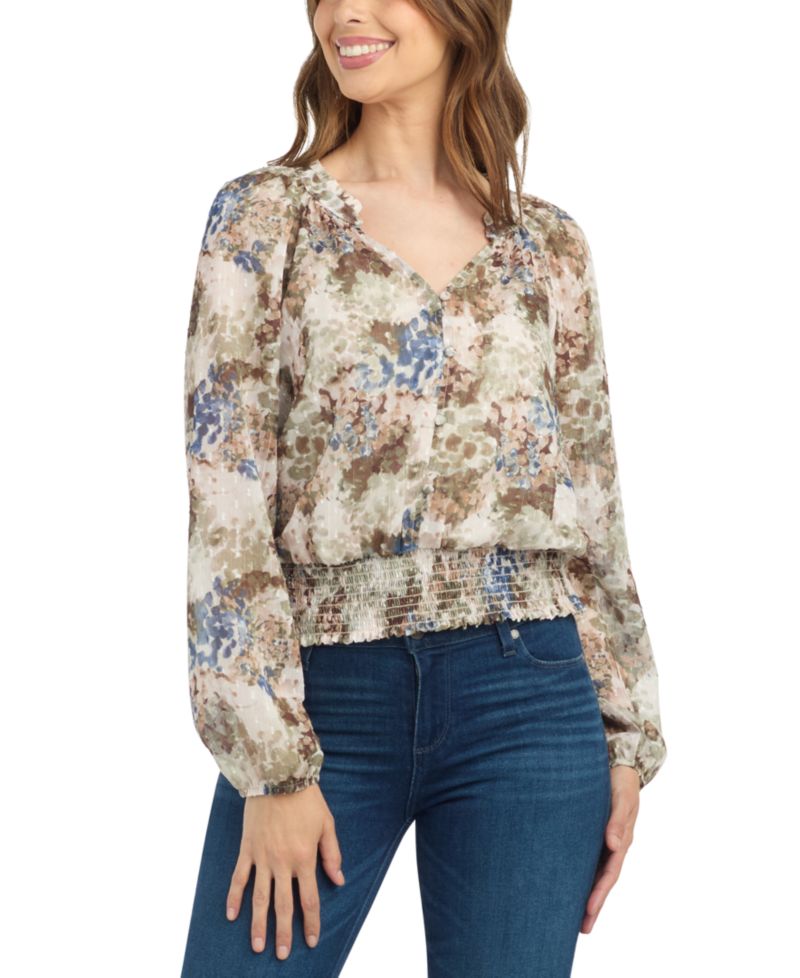 Juniors' Print Sheer Long-Sleeve Blouse