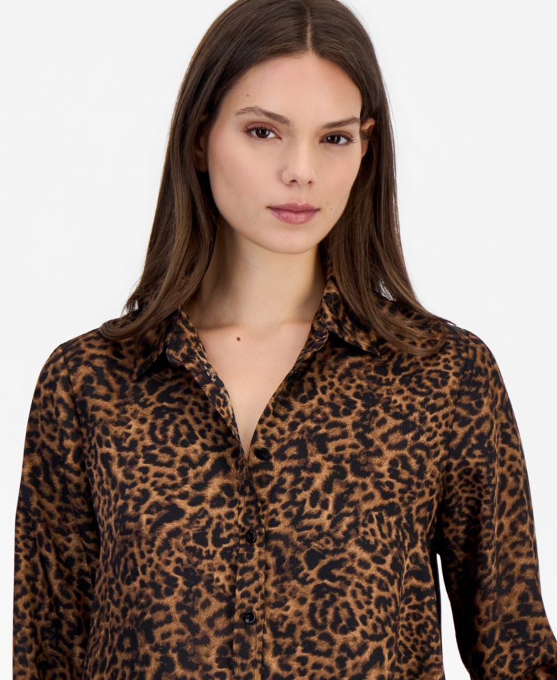 Women's Long-Sleeve Leopard-Print Button-Front Blouse