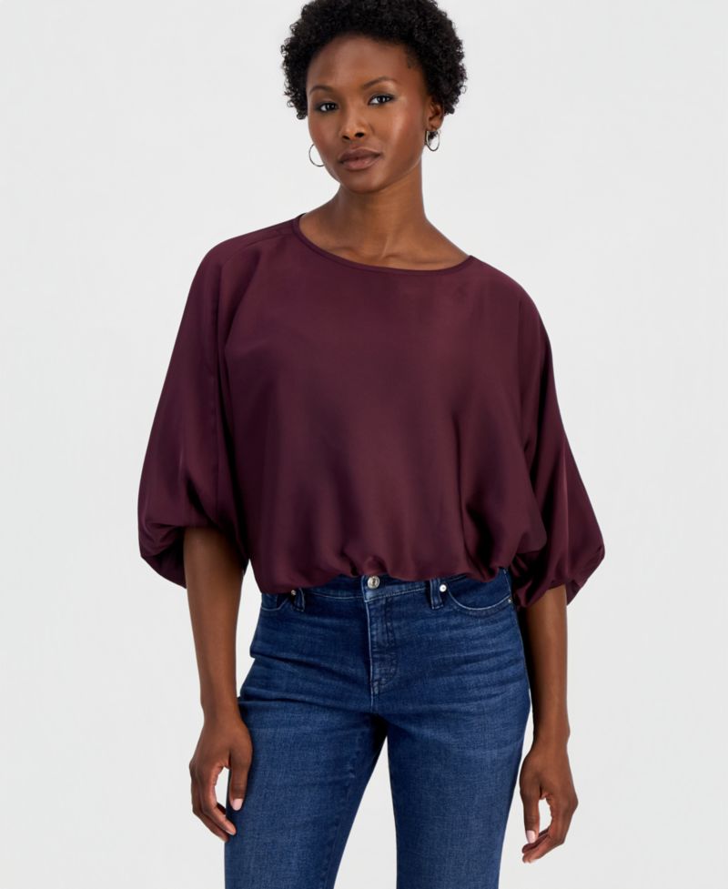 Petite Elbow-Sleeve Bubble Boat Neck Blouse