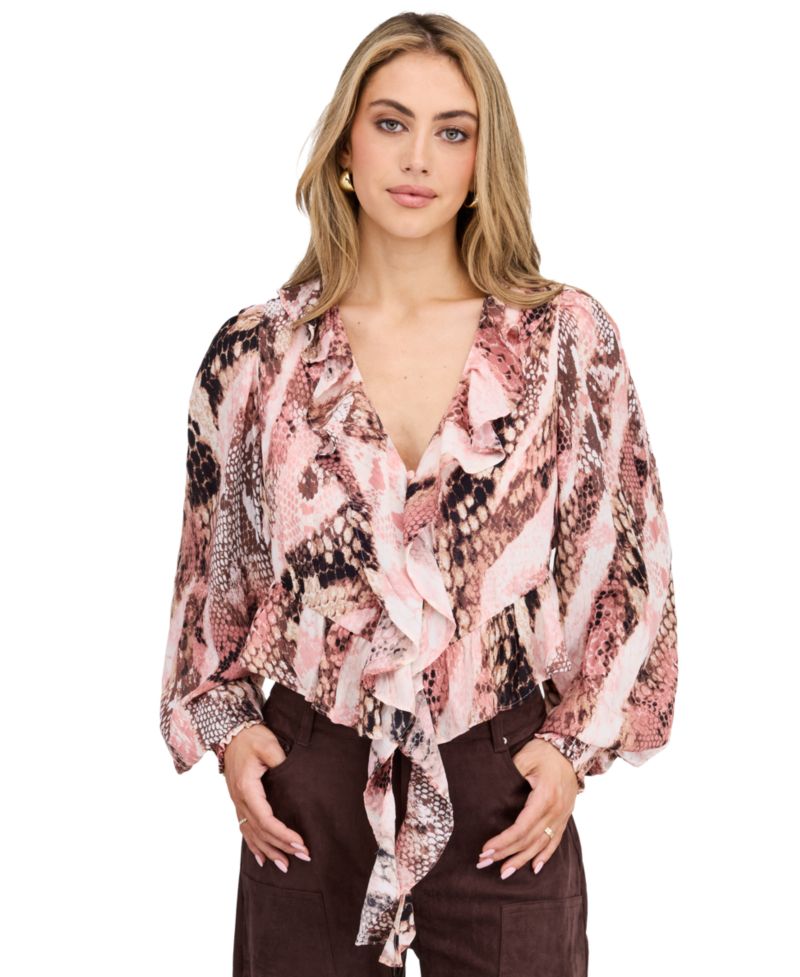 Women's Audrey Yoryu Long-Sleeve Ruffle Snake-Print Blouse