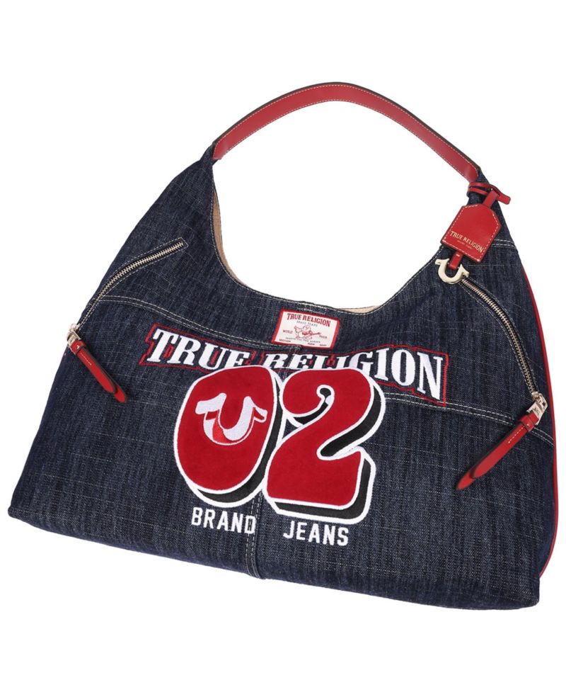 Varsity Logo Zip Pocket Denim Hobo Bag – Dark Denim Shoulder Purse