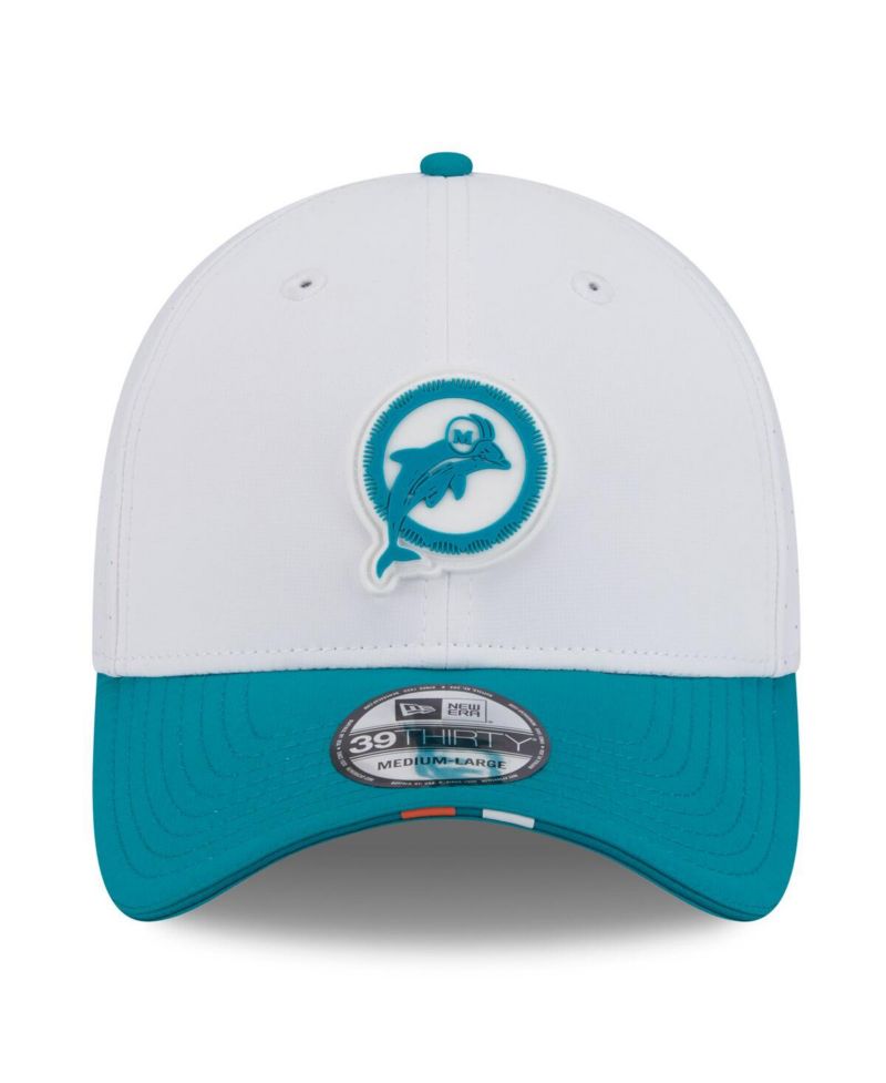 Men's White/Aqua Miami Dolphins 2025 NFL Training Camp Throwback Logo 39THIRTY Flex Hat