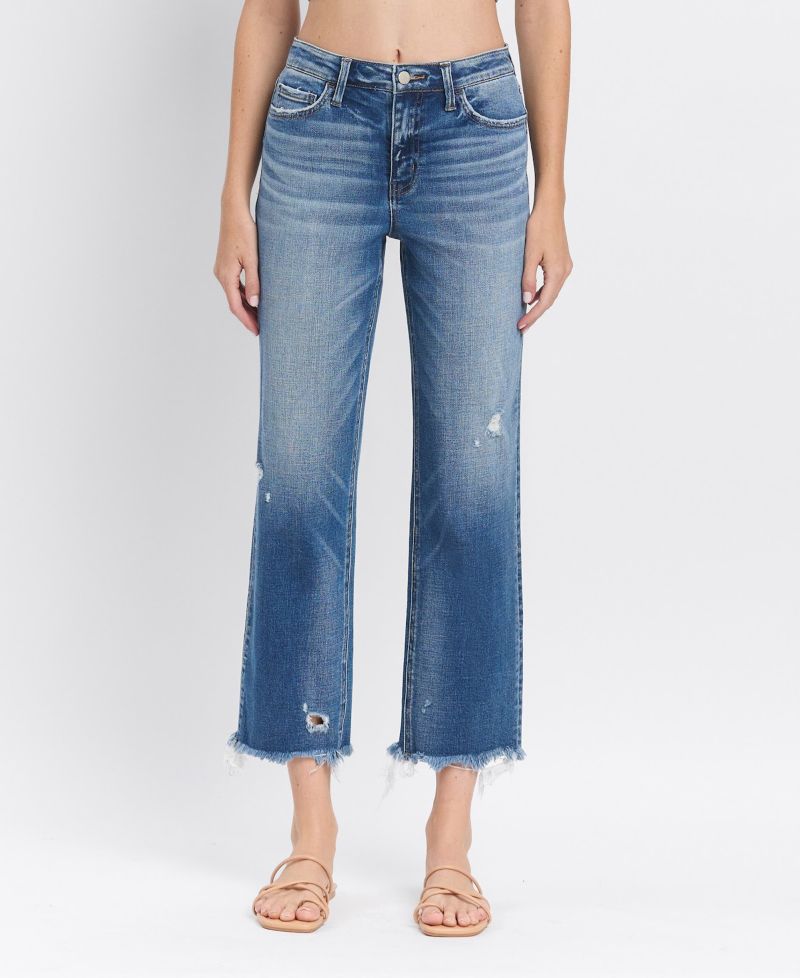 Women's High Rise Frayed Hem Crop Straight Jeans
