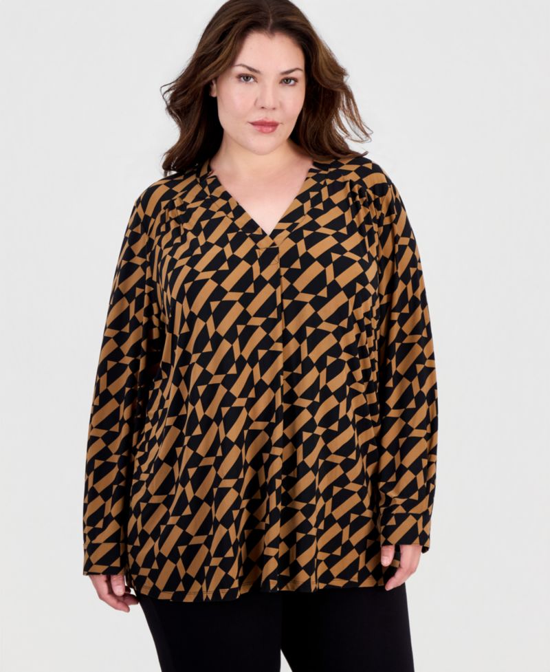 Plus Size Long-Sleeve V-Neck Geometric Blouse