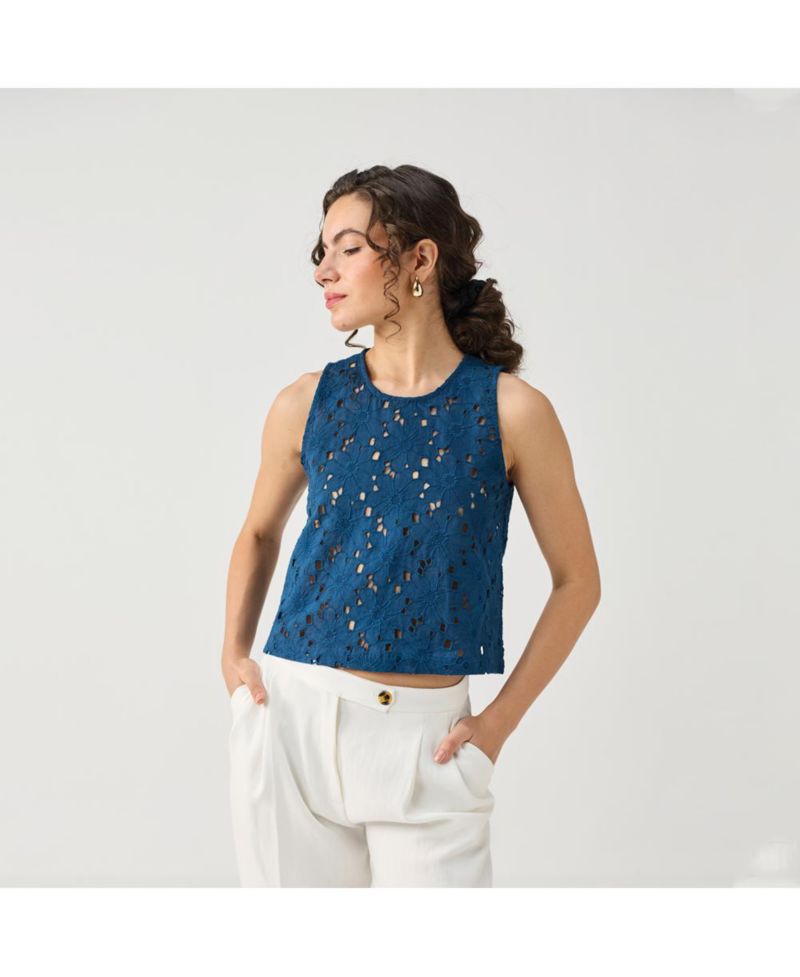 Women's Embroidered Sleeveless Button-Back Top