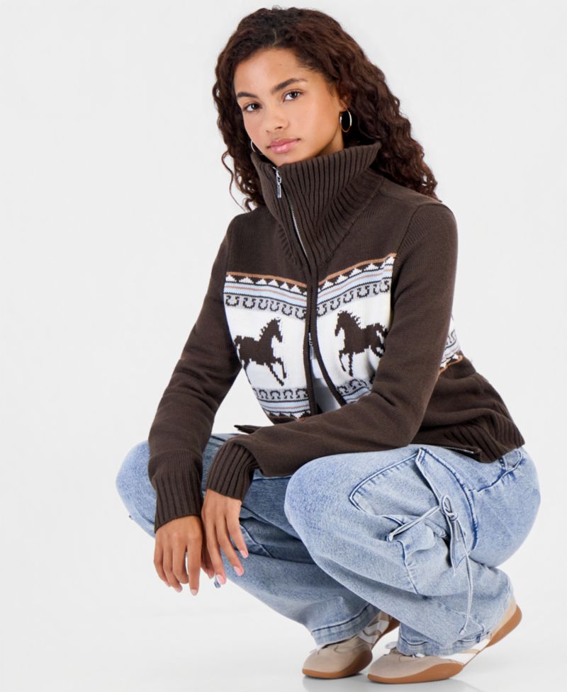Juniors' Double-Zip Collared Horse Motif Sweater