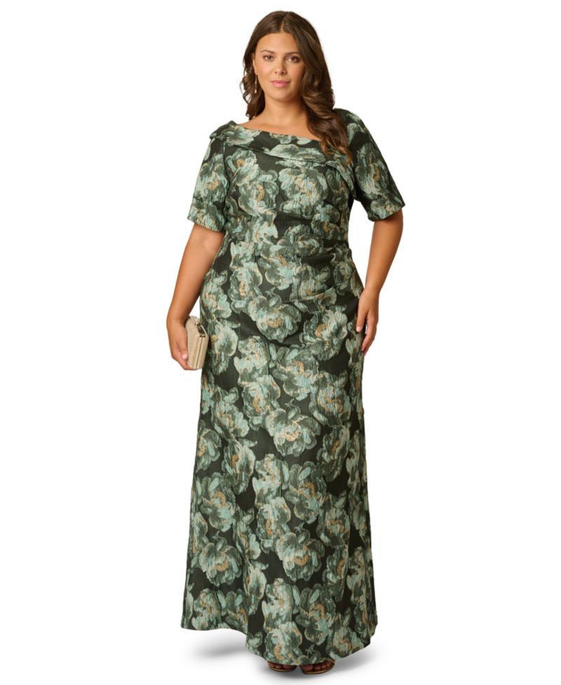 Plus Size Floral Asymmetrical Neckline Short Sleeve Gown