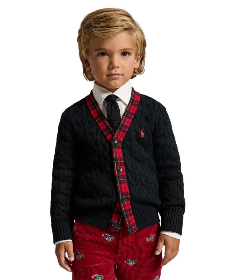 Boys' 2T-7 Cable-Knit Plaid-Trim Cardigan
