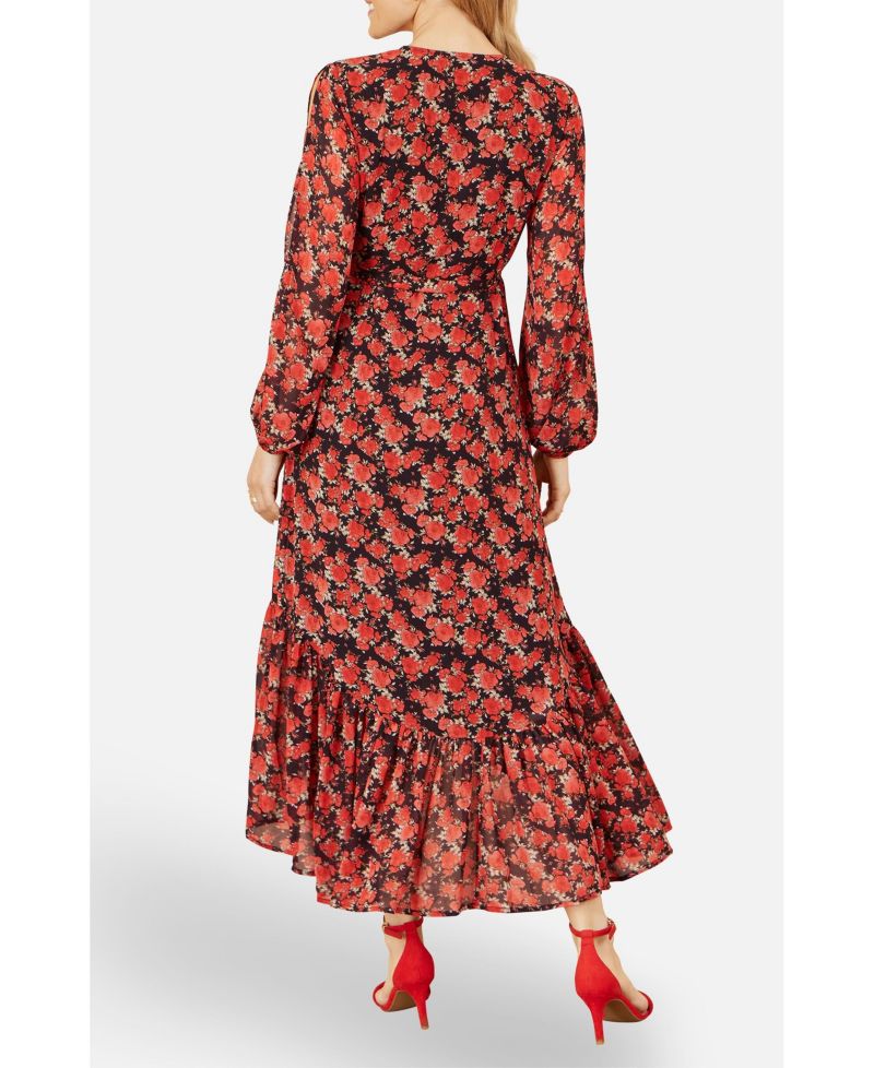 Women's Rose Print Dipped Hemline Midi Dress