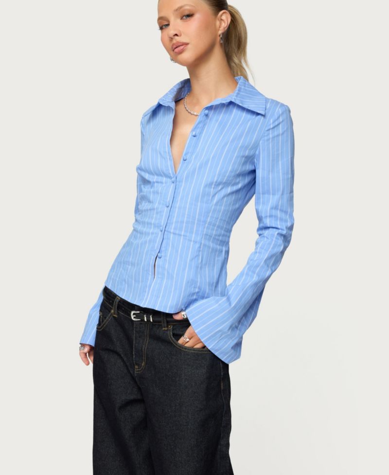 Women's Pinstripe Tailored Button Up Shirt