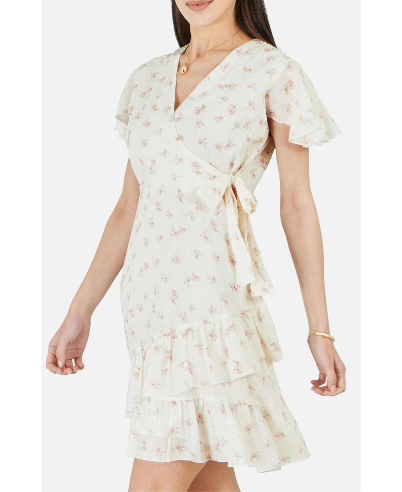 Women's Rose Print Wrap Over Frill Dress