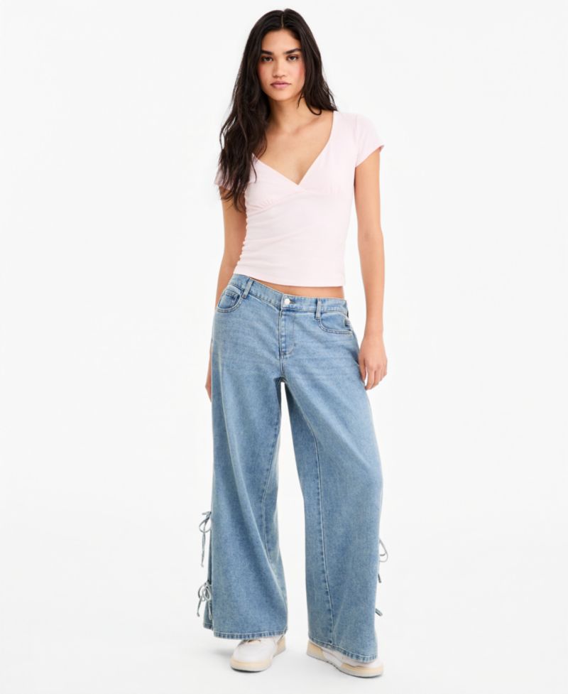 Juniors' Cap-Sleeve Surplice-Neck Top