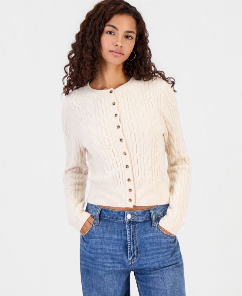 Juniors' Cable-Knit Crew-Neck Cardigan