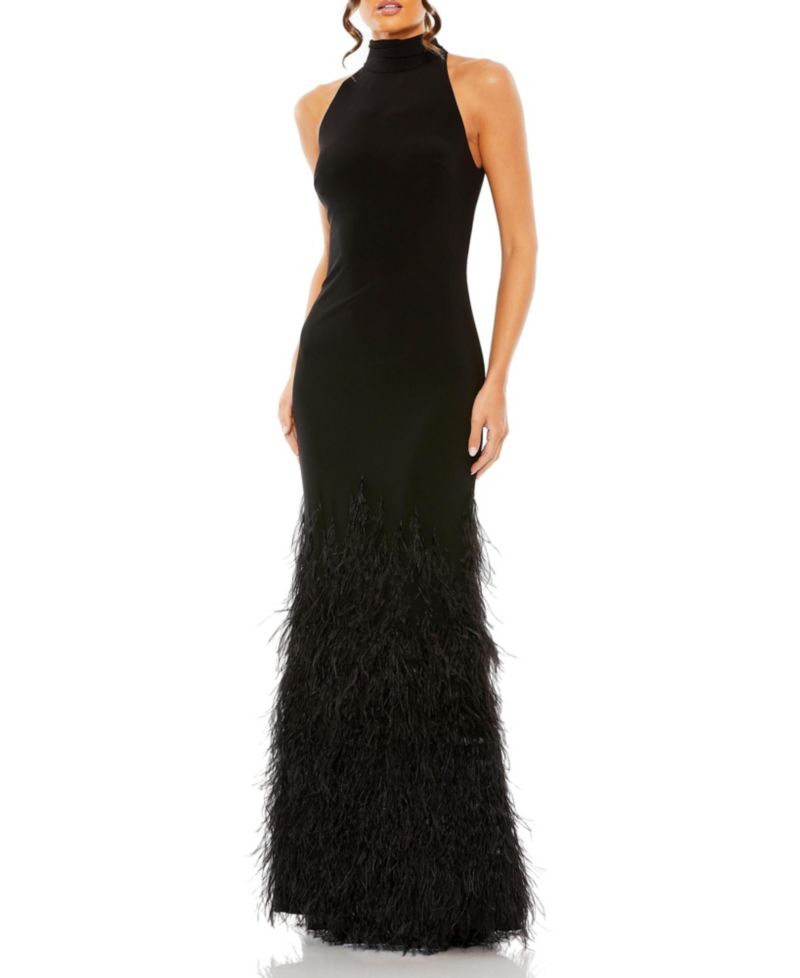 Women's Jersey Halter Gown with Feather Tiered Detail