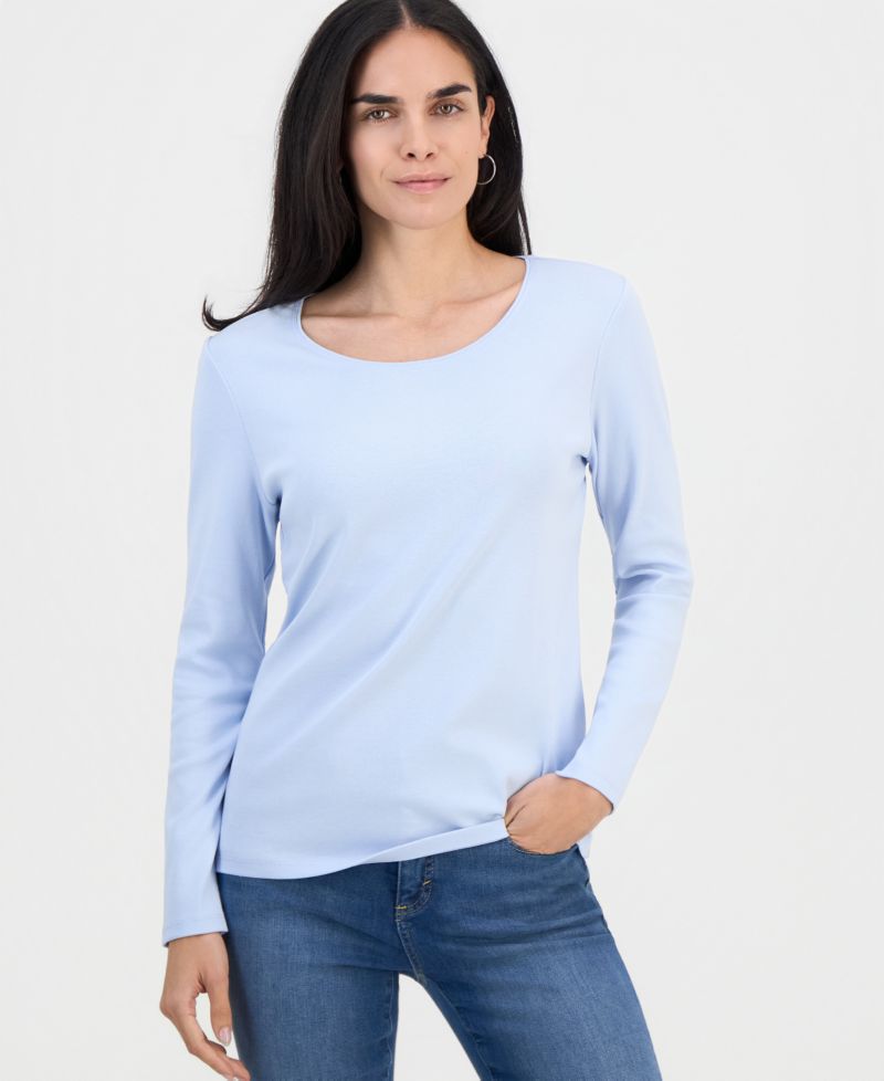 Petite Scoop-Neck Long-Sleeve Cotton Top