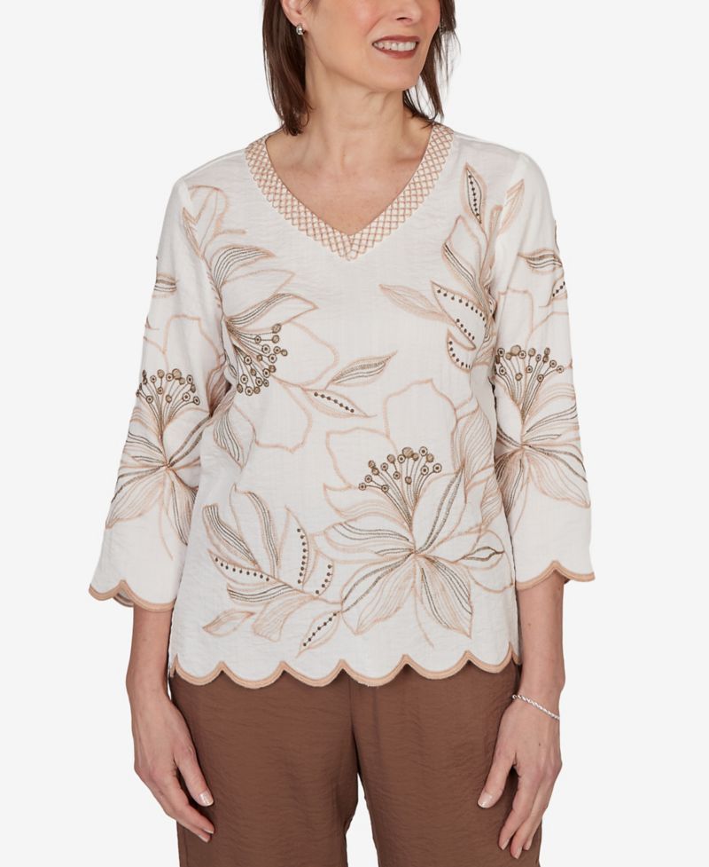 Petite Spice Market Embroidered Floral V-Neck Textured Top