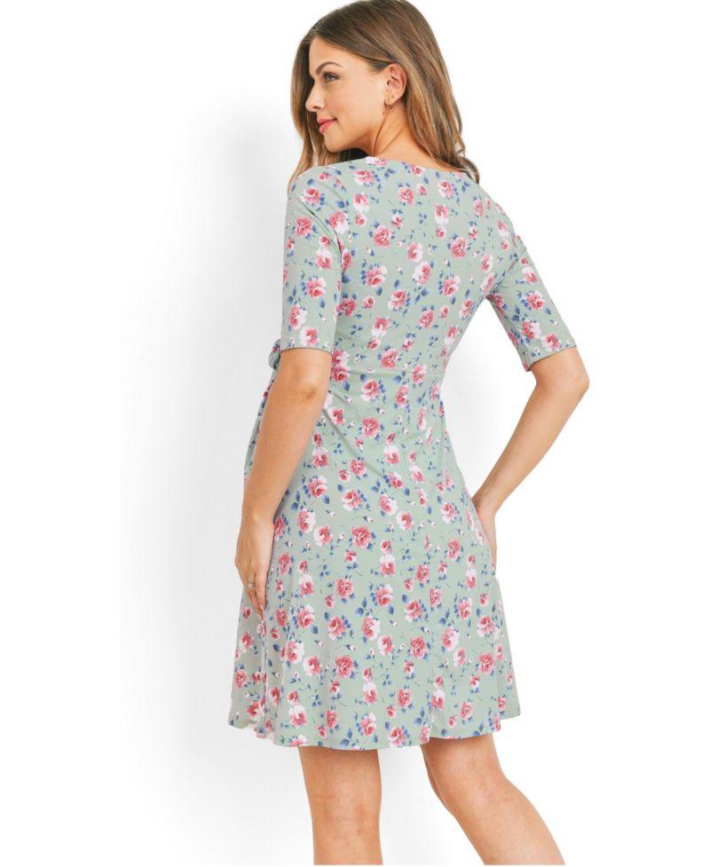 Women's Materntiy Floral V-Neck Nursing Wrap Dress with Tie Waist