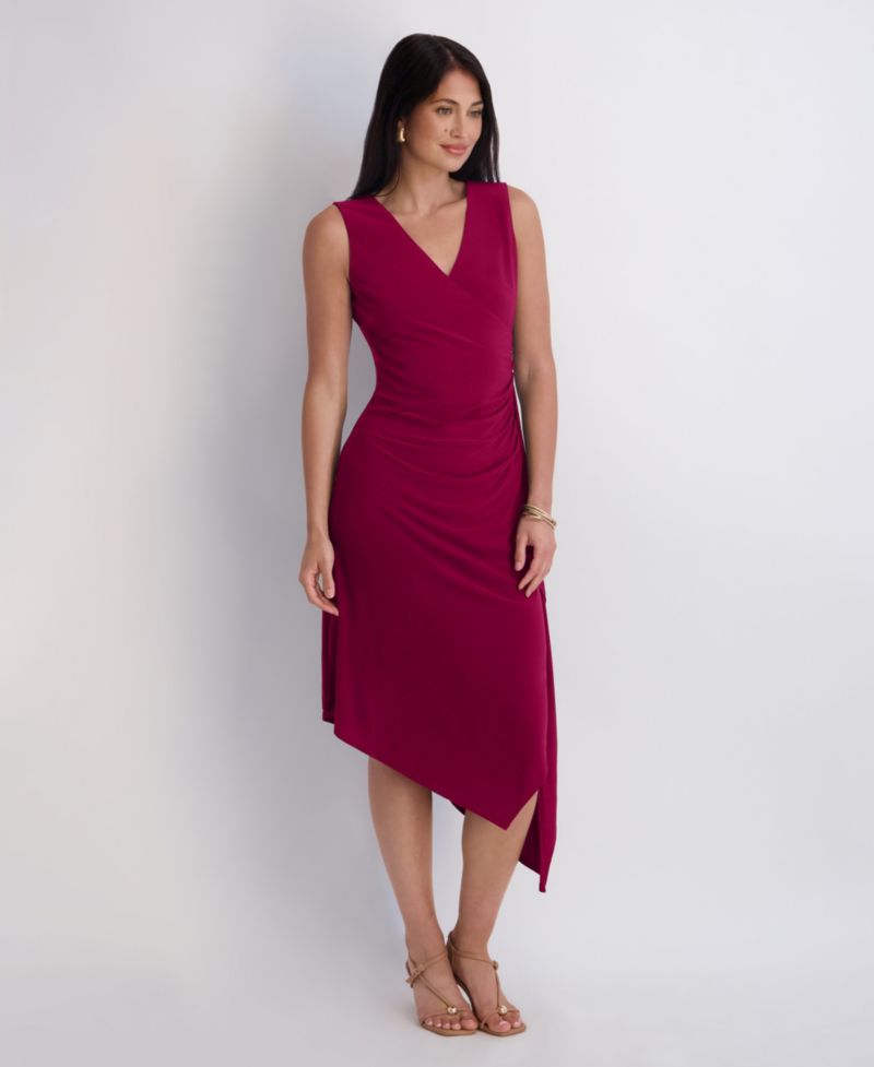 Women's V-Neck Ruched Asymmetrical Midi Dress