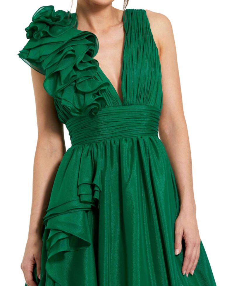 Petite Ruffle Shoulder V-Neck A-Line Evening Gown