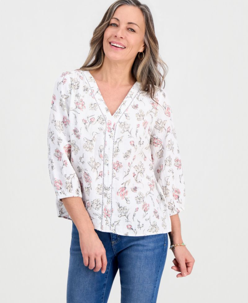 Petite Cotton Gauze Printed 3/4-Sleeve Top