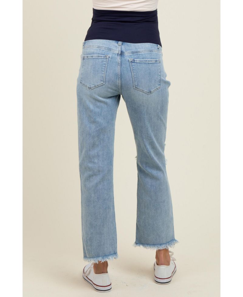 Women's Light Blue Ripped Knee Fringe Hem Straight Leg Ankle Jeans