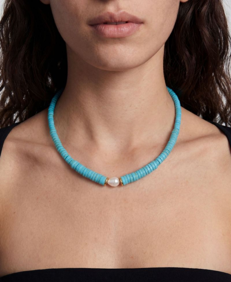 Tarnish-Resistant Natural Freshwater Pearl Chunky Turquoise Beaded Delray Necklace