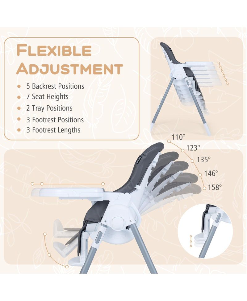 Foldable Baby High Chair with Adjustable Height and Reclining Seat