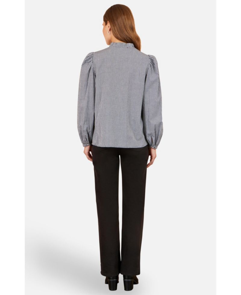 Women's Gingham Embroidered Long-Sleeve Blouse