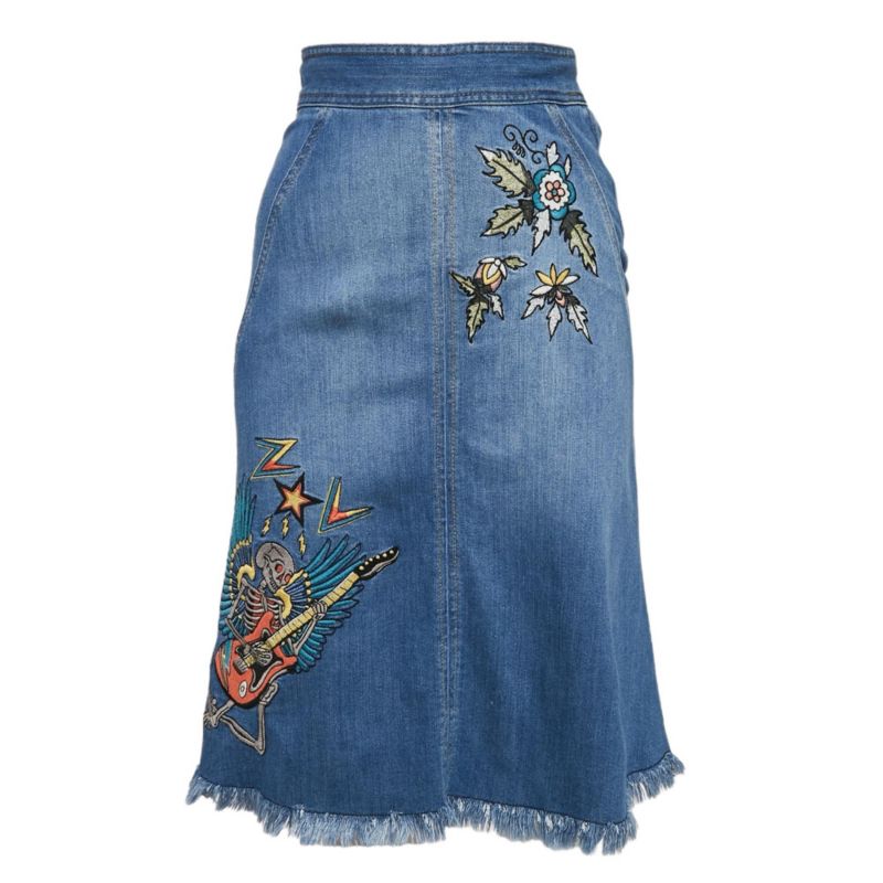 Women's Blue Embroidred Denim Jamille Brode Deluxe Knee-Length Skirt