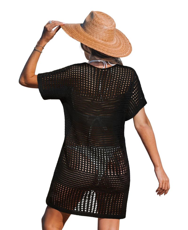 Women's Beige Crochet Short Sleeve Cover-Up Dress