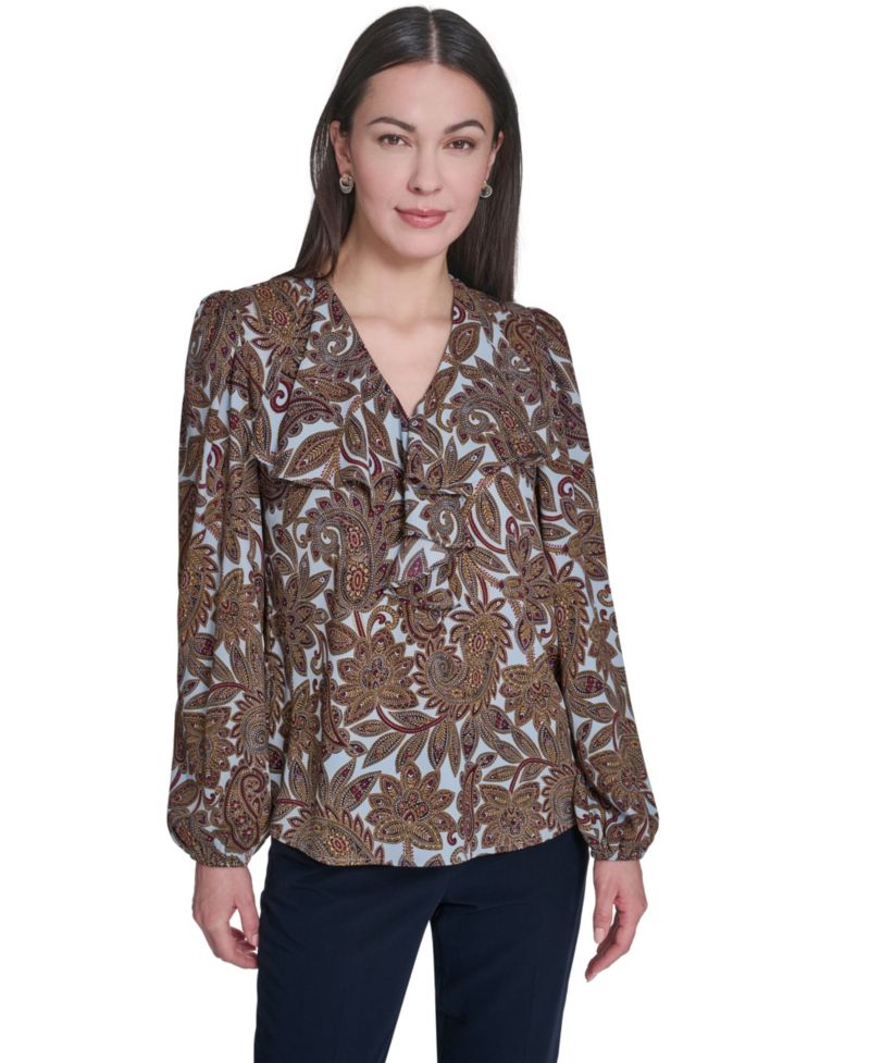 Women's V-Neck Long-Sleeve Ruffle Blouse