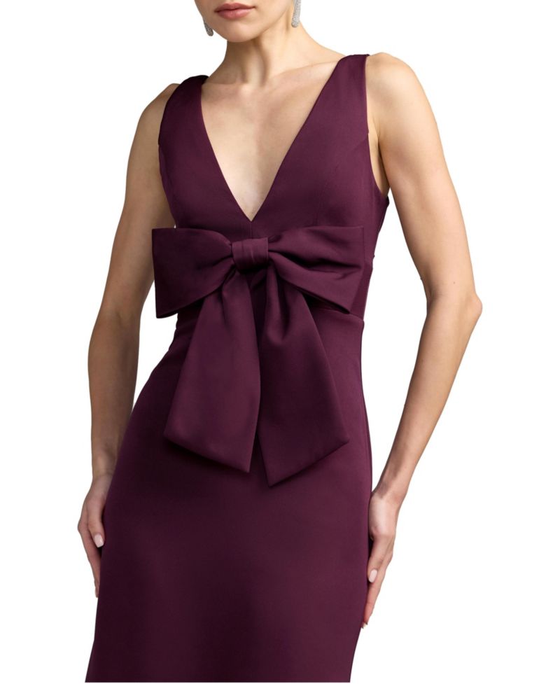 Women's Crepe Sleeveless V Neck Column Dress With Bow