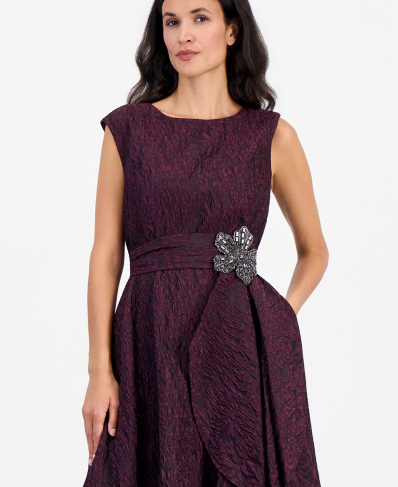 Women's Beaded Crinkle Boat Neck Gown