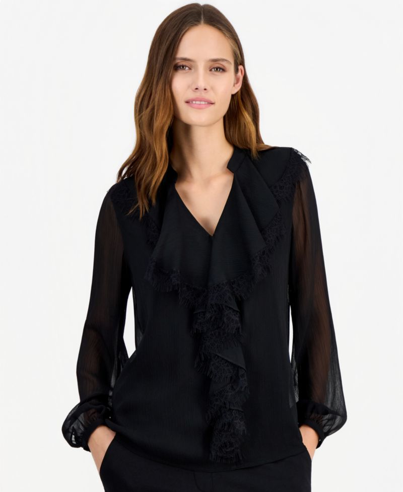 Women's Long-Sleeve Chiffon Ruffle Neck Blouse
