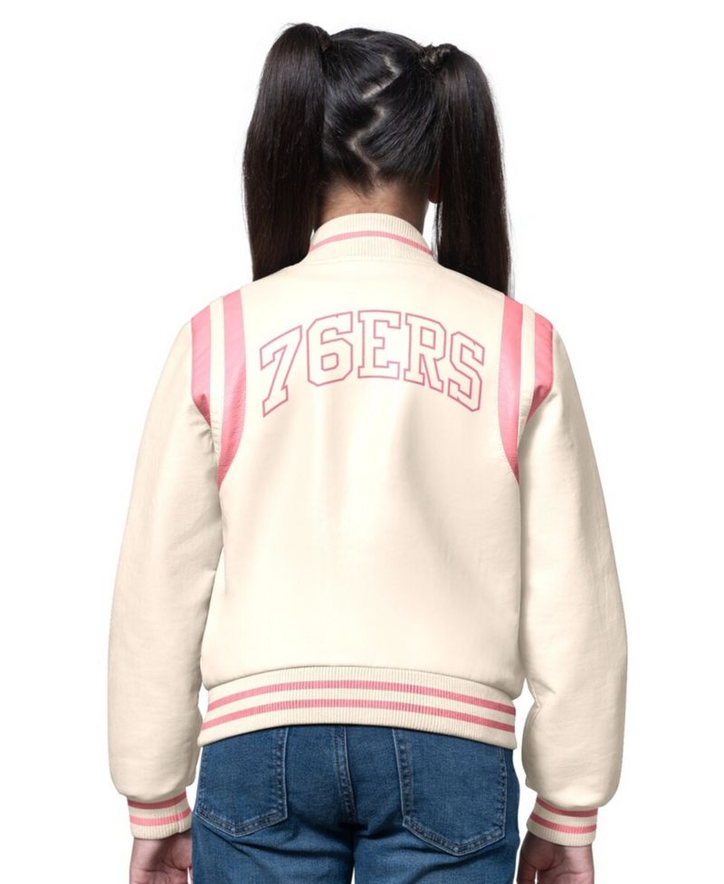 Girls Cream/Pink Philadelphia 76ers Underdog Leather Varsity Jacket