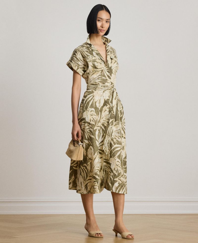 Women's Palm-Frond-Print Camp Collar Shirt-Dress