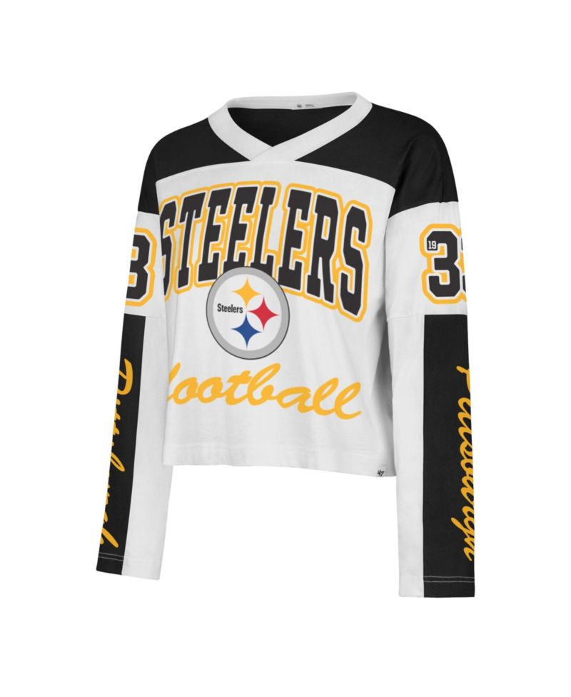 Women's '47 White Pittsburgh Steelers Exclamation Metro V-Neck Long Sleeve Jersey T-Shirt