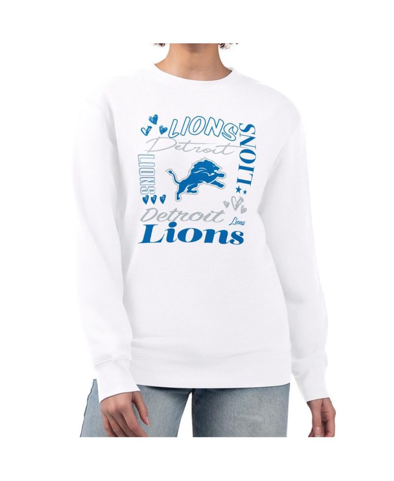 Women's White Detroit Lions Collage Graphic Fleece Pullover Sweatshirt