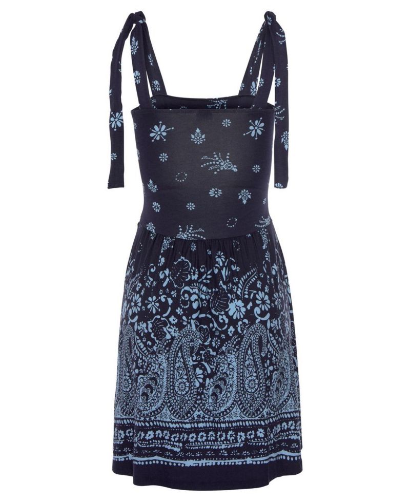 Women's Viscose Printed Tie Strap with Pockets Elastic-Waist Short Dress