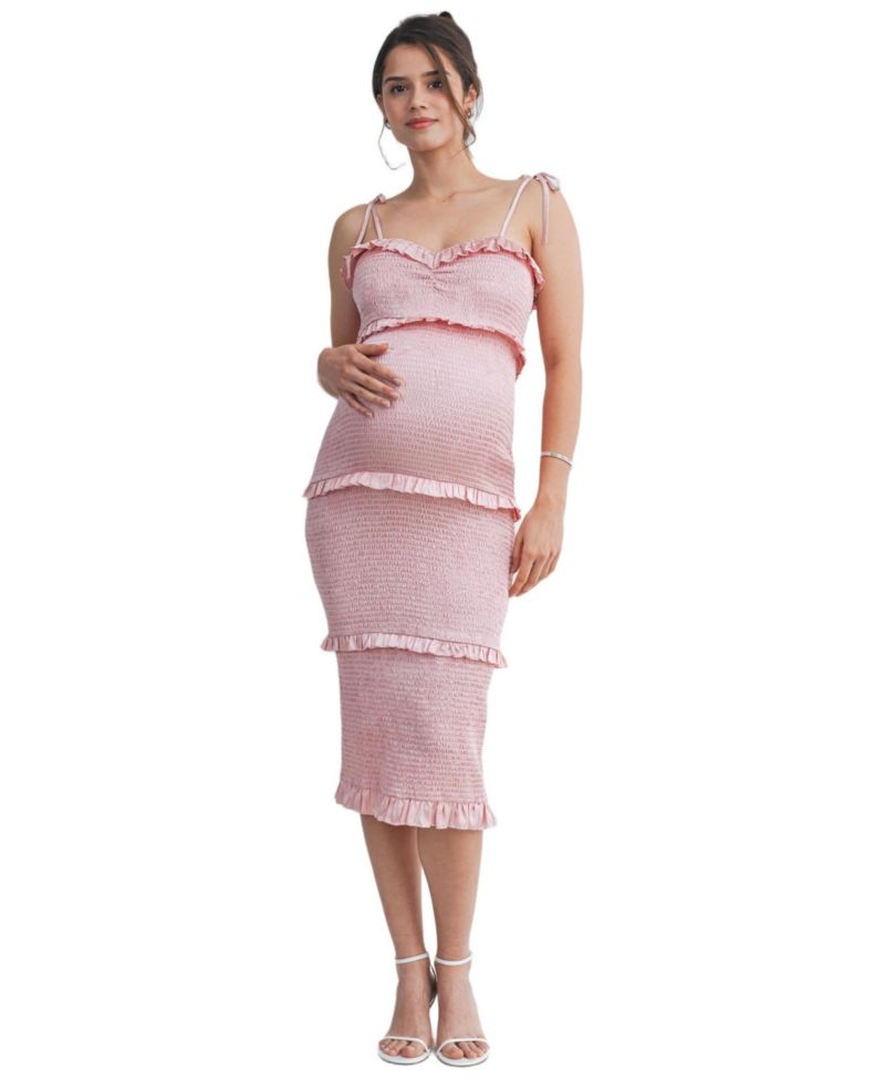 Women's Smocked Bodycon Midi Dress with Ruffle Trim and Tie Straps