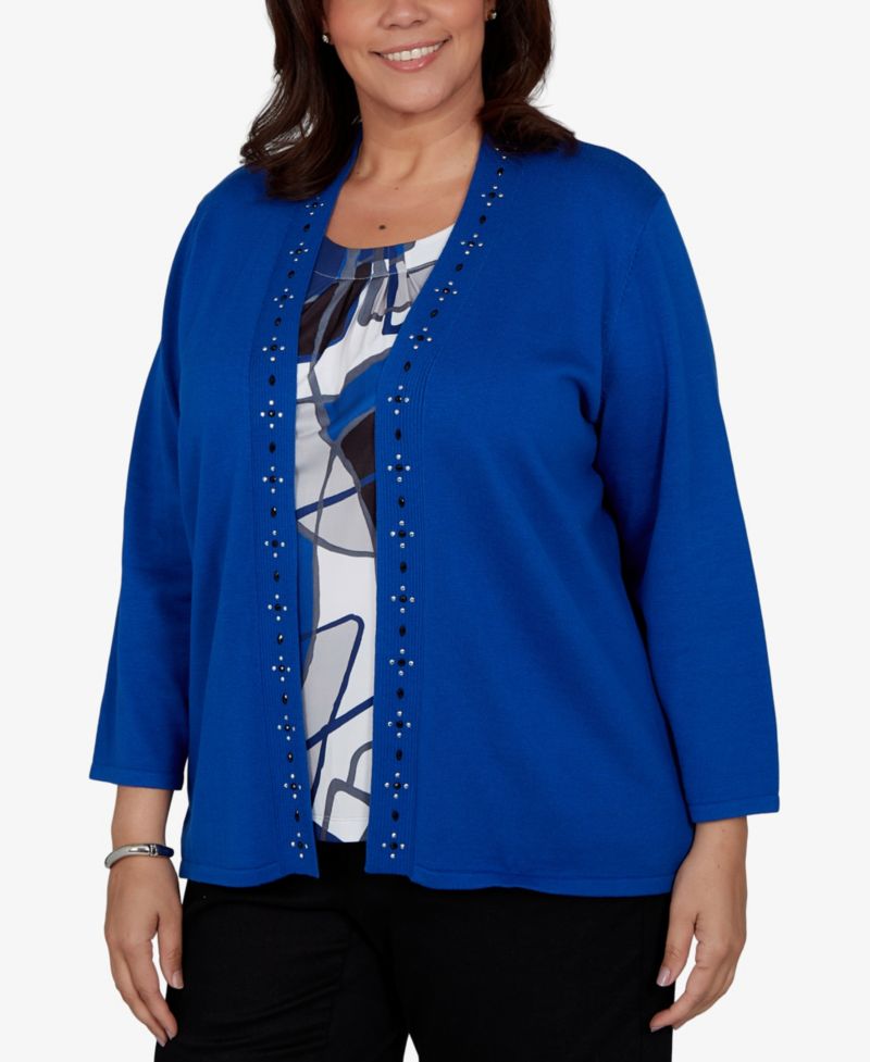 Plus Size Shawl Collar 3/4-Sleeve Embellished Cardigan Sweater